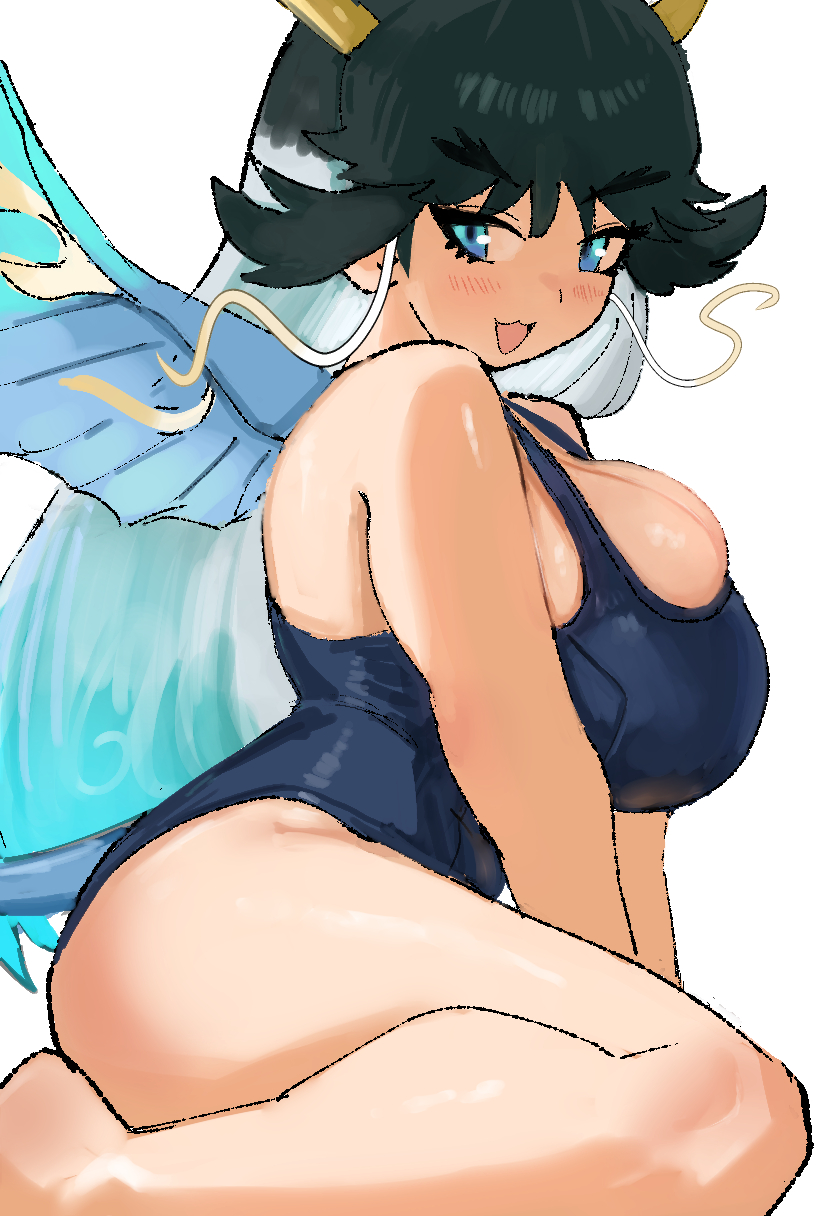 user gtxm2887, kirin (kemono friends), kemono friends, kemono friends 3, highres, 1girl, animal ears, black hair, blue eyes, blue one-piece swimsuit, breasts, bursting breasts, cleavage, cleavage cutout, clothing cutout, extra ears, giraffe ears, giraffe girl, giraffe horns, giraffe tail, horns, huge breasts, kneeling, long hair, looking at viewer, multicolored hair, old school swimsuit, one-piece swimsuit, school swimsuit, smile, solo, swimsuit, tail, white hair, wings, yellow horns