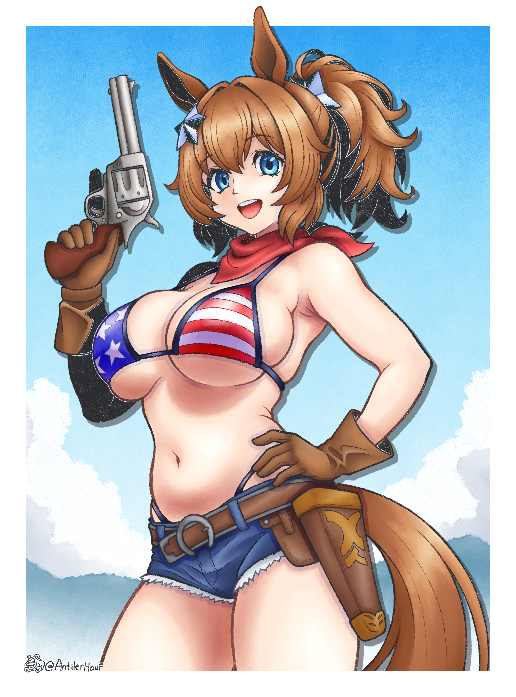 taiki shuttle (umamusume), umamusume, absurdres, commentary, english commentary, highres, 1girl, alternate costume, american flag, american flag bikini, american flag print, animal ears, antilerhour, armpits, artist logo, artist name, bandana, bare shoulders, belt, bikini, blue eyes, border, breasts, brown belt, brown gloves, brown hair, cleavage, denim, denim shorts, flag print, flag print bikini, gloves, gun, hair ornament, hand on own hip, handgun, holster, horse ears, horse girl, horse tail, large breasts, logo, medium hair, micro shorts, navel, open mouth, print bikini, red bandana, revolver, shorts, smile, solo, star (symbol), star hair ornament, stomach, swimsuit, tail, teeth, trigger discipline, upper teeth only, weapon, white border