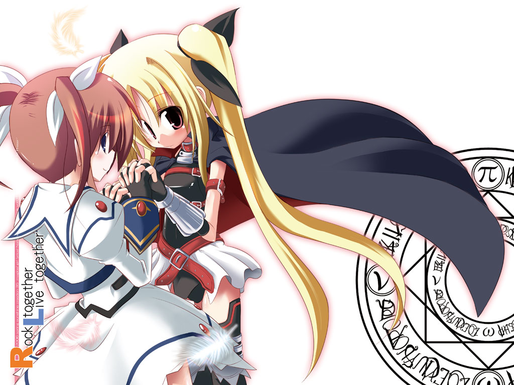 kazekawa nagi, fate testarossa, fate testarossa (lightning form), takamachi nanoha, takamachi nanoha (sacred mode), lyrical nanoha, mahou shoujo lyrical nanoha, 00s, 2girls, belt, blonde hair, cape, feathers, fingerless gloves, gloves, magic circle, magical girl, multiple girls, thighhighs, twintails