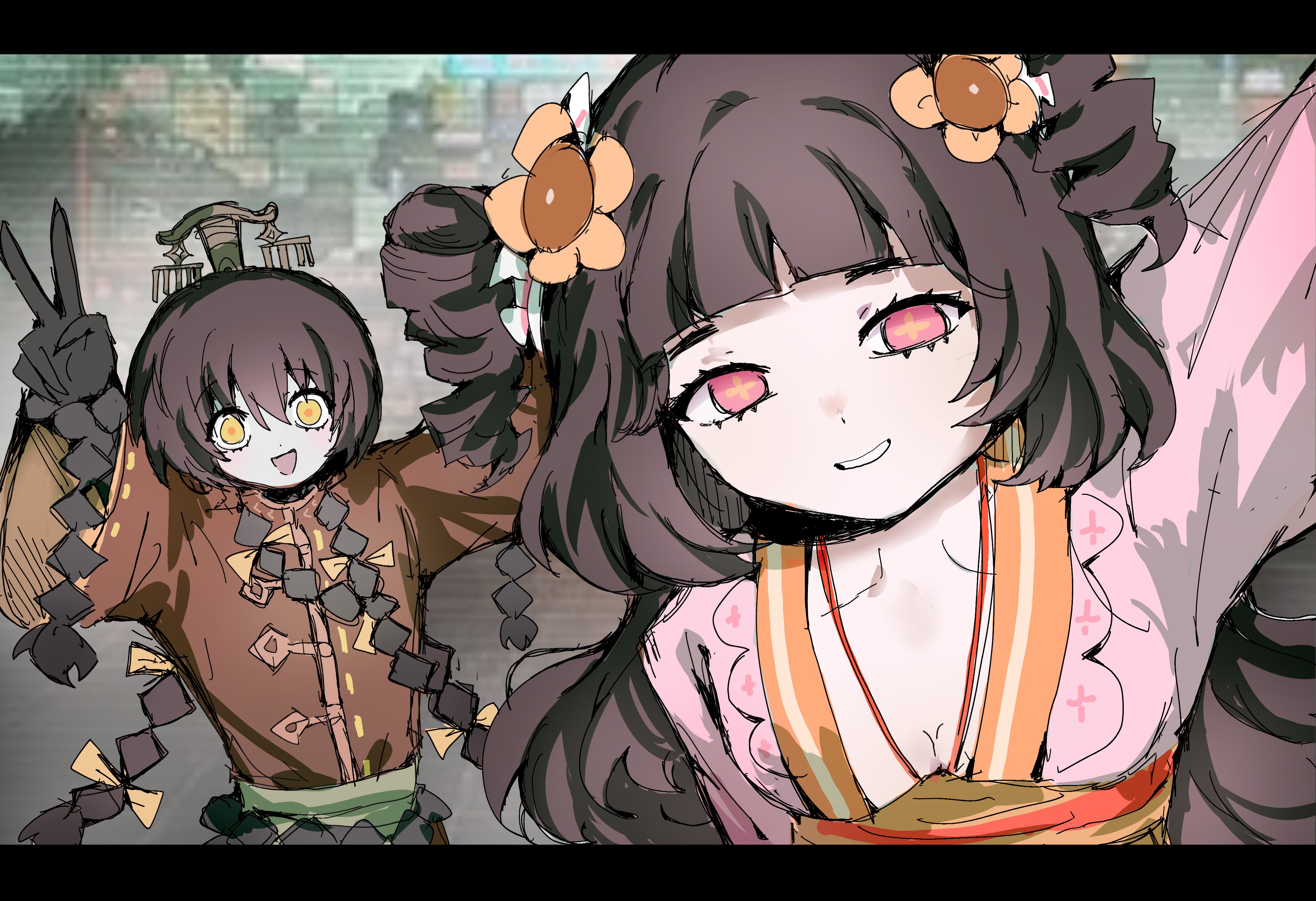 xue baochai (project moon), limbus company, project moon, absurdres, highres, 1boy, 1girl, :d, black border, border, braid, breasts, brown hair, chinese clothes, cleavage, colored skin, drill hair, flower, grey skin, guan hat, hair flower, hair ornament, hanfu, jade pendant, long hair, looking at viewer, multiple braids, open mouth, orange flower, orange hanfu, pink eyes, pink hanfu, qixiong ruqun, red robe, robe, siblings, smile, standing, twin drills, upper body, v, wanshenggaoshi, xue pan (project moon), yellow eyes
