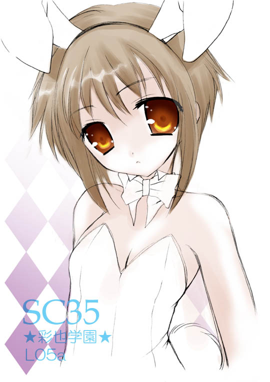 saiya, nagato yuki, suzumiya haruhi no yuuutsu, 00s, 1girl, :<, animal ears, argyle background, argyle clothes, bare shoulders, bow, bowtie, brown hair, detached collar, fake animal ears, female focus, flat chest, gradient background, head tilt, leotard, looking at viewer, orange eyes, playboy bunny, rabbit ears, rabbit tail, short hair, solo, tail, upper body
