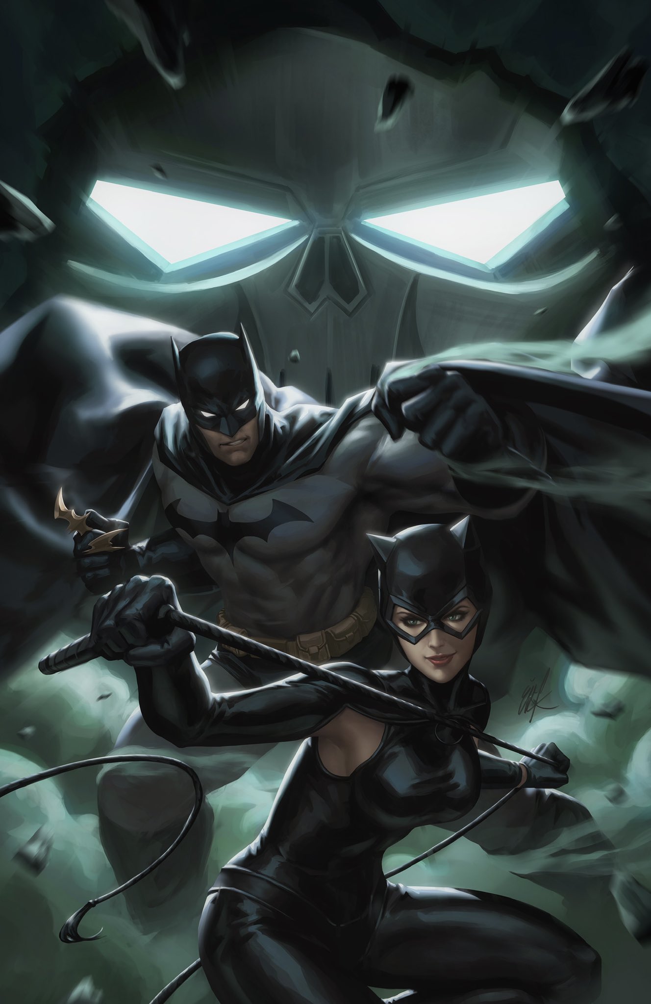 ejikure, batman, catwoman, selina kyle, batman (series), dc comics, highres, 1boy, 1girl, armpit cutout, black bodysuit, black cape, black gloves, bodysuit, breasts, cape, clothing cutout, gloves, glowing, glowing eyes, grey bodysuit, looking at viewer, medium breasts
