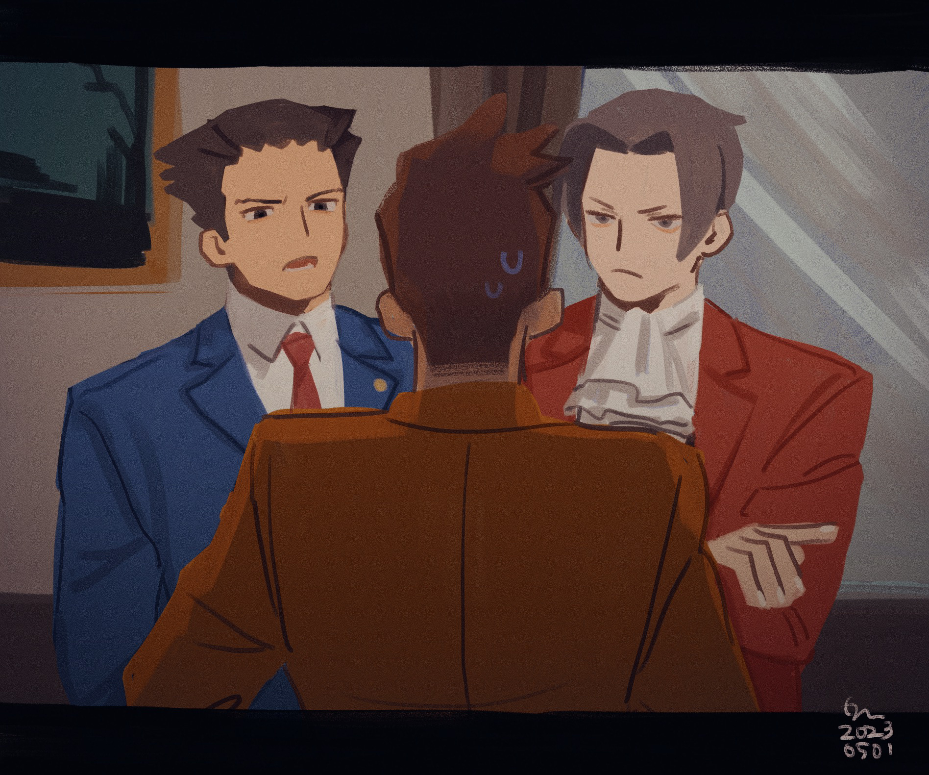 erm nkcn, larry butz, miles edgeworth, phoenix wright, ace attorney, highres, 3boys, ascot, blue jacket, collared shirt, from behind, grey hair, indoors, jacket, long sleeves, looking at another, male focus, multiple boys, necktie, open mouth, orange jacket, picture frame, red necktie, shirt, short hair, white ascot