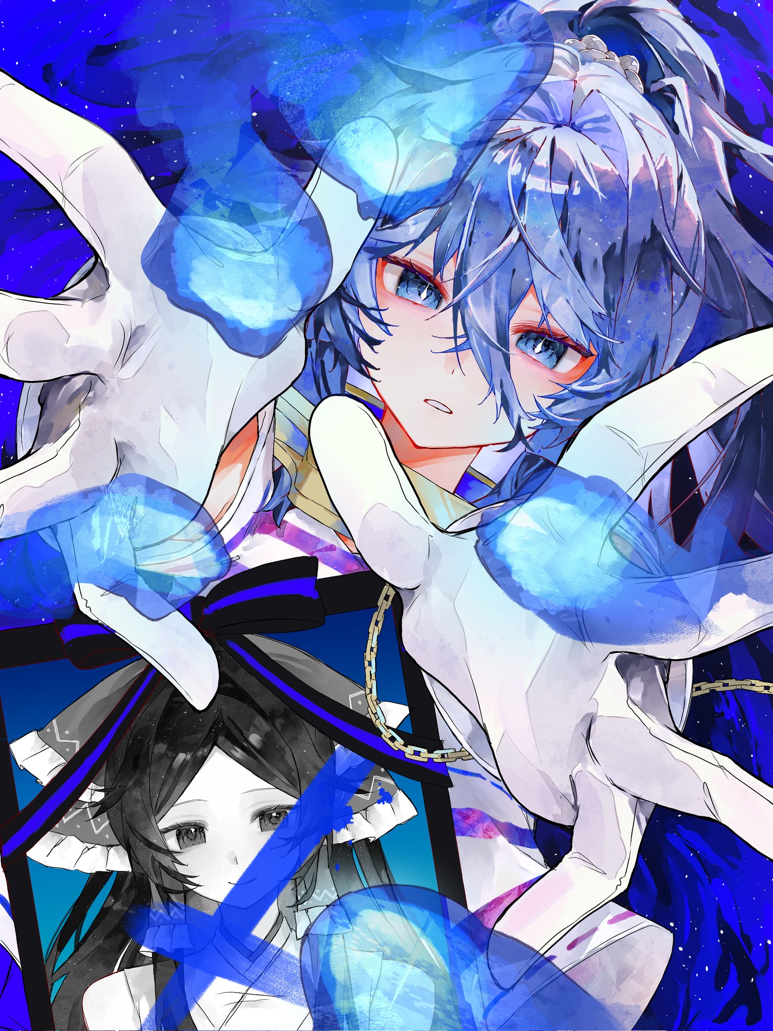 5swcf1iy8k31657, gensokyo's first hakurei miko, miyadeguchi mizuchi, touhou, highres, 1girl, blue eyes, blue fire, blue hair, bow, chain, chihaya (clothing), collar, cuffs, fire, frilled bow, frilled hair tubes, frills, gloves, hair tubes, iei, japanese clothes, large bow, long hair, metal collar, miko, photo (object), picture frame, ponytail, portrait (object), prison clothes, reaching, reaching towards viewer, shackles, shirt, striped clothes, striped shirt, white gloves