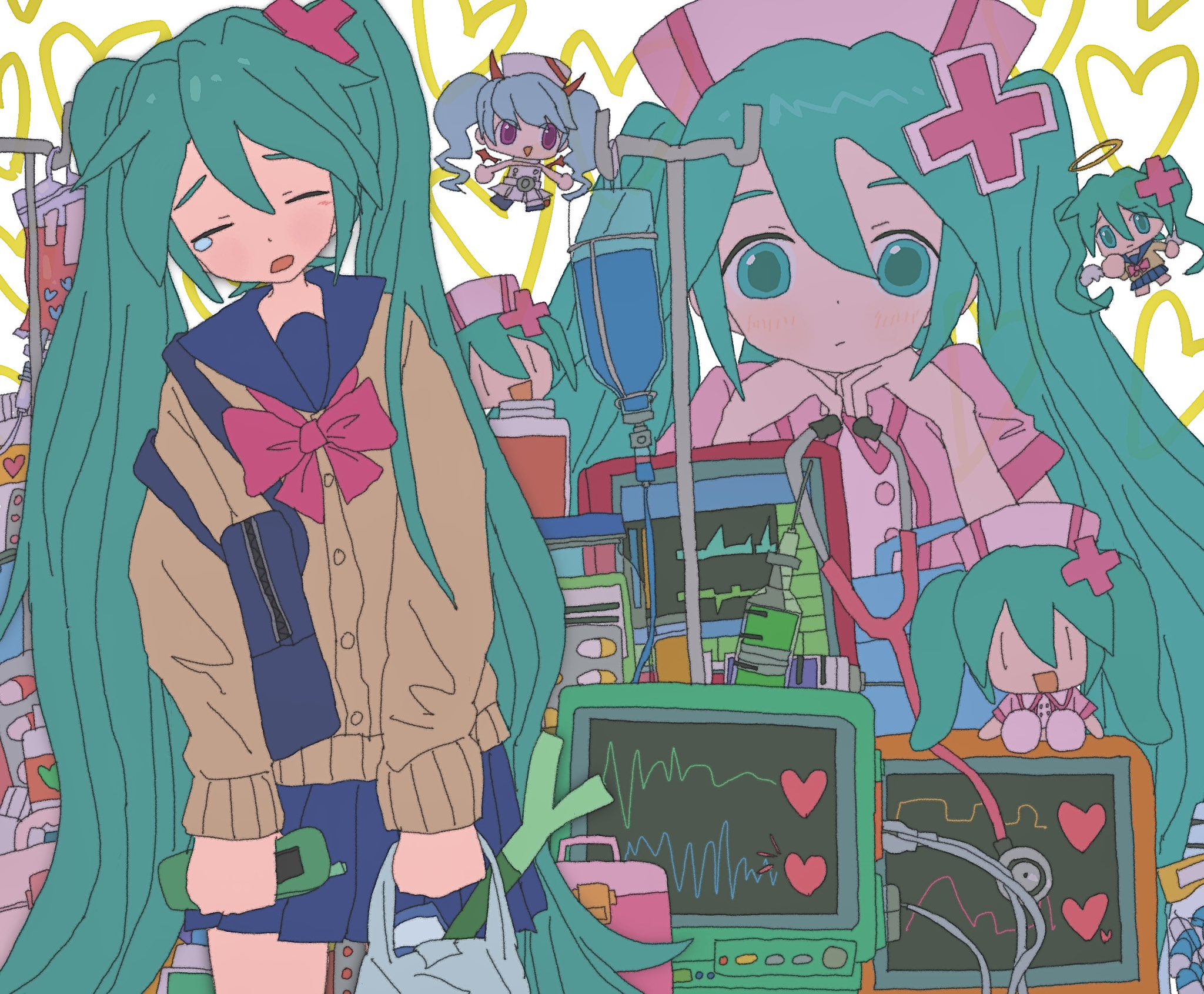 kousou (vanilla rkgk), hatsune miku, koiiro byoutou (vocaloid), vocaloid, highres, 1girl, aqua eyes, aqua hair, bag, blue bag, blue eyes, blue hair, blue sailor collar, blue skirt, blush, bow, brown cardigan, cardigan, cardiogram, cellphone, character doll, chibi, closed eyes, collared dress, demon horns, doll, dress, flip phone, hair between eyes, hair ornament, hat, head rest, heart, holding, holding bag, holding phone, horns, intravenous drip, leaning to the side, long hair, looking at viewer, multiple girls, nurse, nurse cap, open mouth, phone, pill, pink bow, pink dress, pink hat, plastic bag, pleated skirt, purple eyes, red horns, sailor collar, school bag, school uniform, serafuku, shoulder bag, skirt, smile, spring onion, syringe, tearing up, twintails, very long hair, x hair ornament, yawning