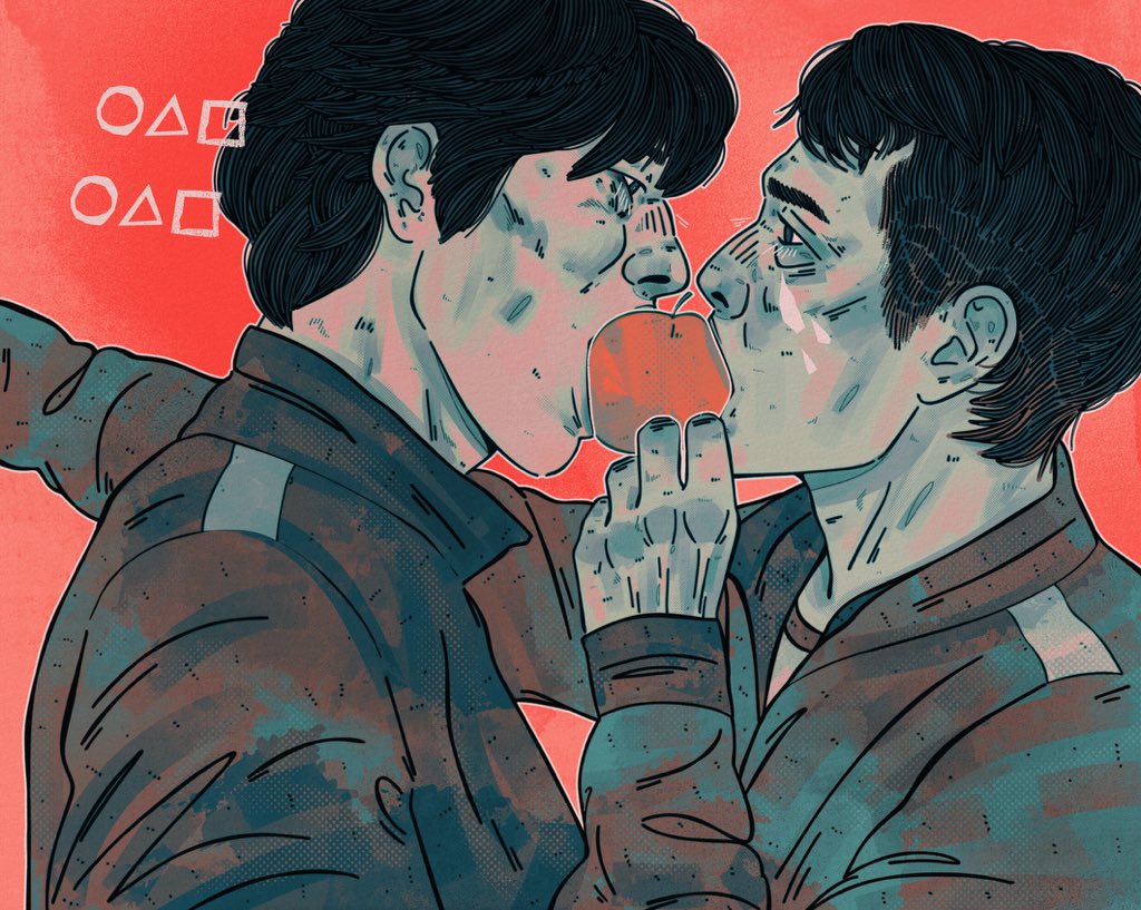 seong gi-hun, squid game, 2boys, apple, black hair, eating, food, fruit, hwang in-ho, irlplasticlamb, limited palette, male focus, multiple boys, outstretched arm, sharing food, short hair, sideburns, track suit, upper body, yaoi