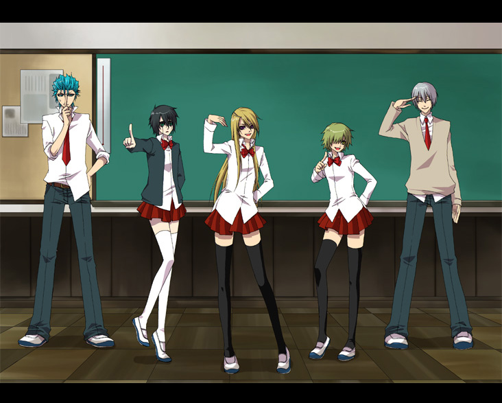 di roy rinker, grimmjow jaegerjaquez, ichimaru gin, ulquiorra cifer, yylfordt granz, bleach, hare hare yukai, suzumiya haruhi no yuuutsu, 2girls, 3boys, arrancar, crossdressing, multiple boys, multiple girls, number tattoo, parody, school uniform, serafuku, tattoo, thighhighs, zettai ryouiki