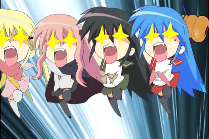 izumi konata, kugimiya rie, louise francoise le blanc de la valliere, sanzen'in nagi, shana, shana-tan, hayate no gotoku!, lucky star, shakugan no shana, shakugan no shana-tan, zero no tsukaima, black legwear, anime screenshot, third-party edit, + +, 00s, 4girls, chibi, chocolate cornet, crossover, food, mole, mole under eye, multiple crossover, multiple girls, odd one out, school uniform, serafuku, thighhighs, voice actor connection, you gonna get raped, zettai ryouiki