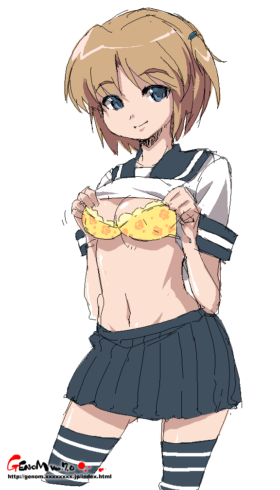 onija tarou, blue eyes, bra, brown hair, clothes lift, lingerie, oekaki, school uniform, serafuku, shirt lift, short hair, sketch, solo, thighhighs, underwear, zettai ryouiki
