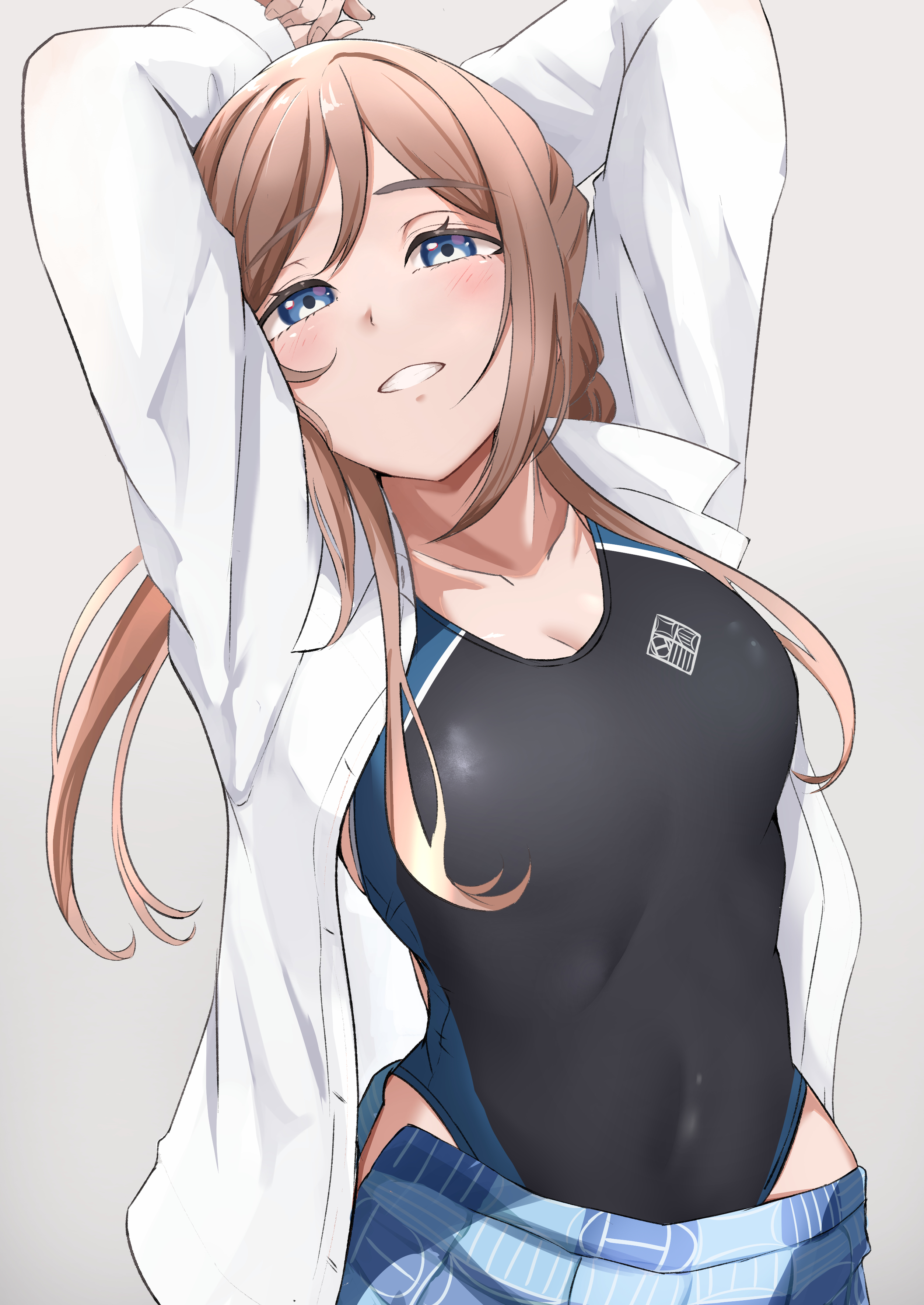 butter curry, himesaki rinami, gakuen idolmaster, idolmaster, absurdres, commentary request, highres, 1girl, arms behind head, arms up, black one-piece swimsuit, blue eyes, blue skirt, blush, breasts, brown hair, covered navel, grey background, long hair, looking up, one-piece swimsuit, open clothes, open shirt, shirt, simple background, skirt, solo, swimsuit, swimsuit under clothes, upper body, white shirt