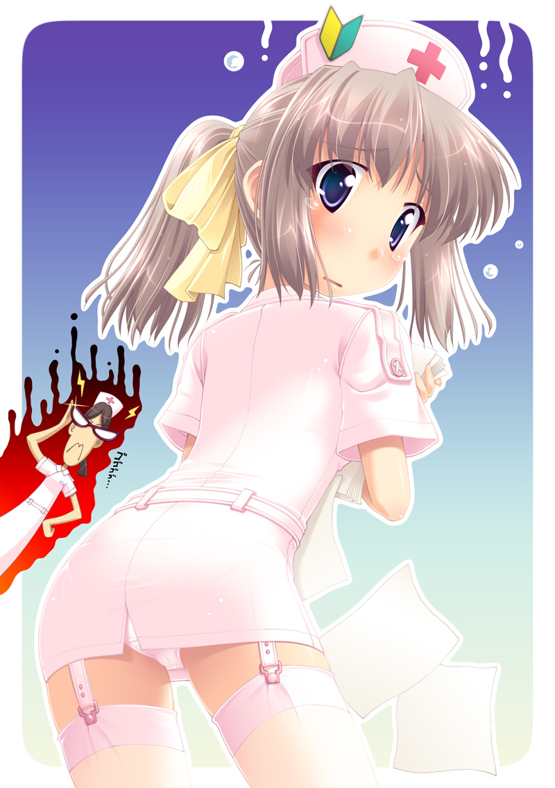 simk, yamabuki zarame, 2girls, blue eyes, brown hair, multiple girls, nurse, panties, pantyshot, ribbon, short hair, thighhighs, twintails, underwear