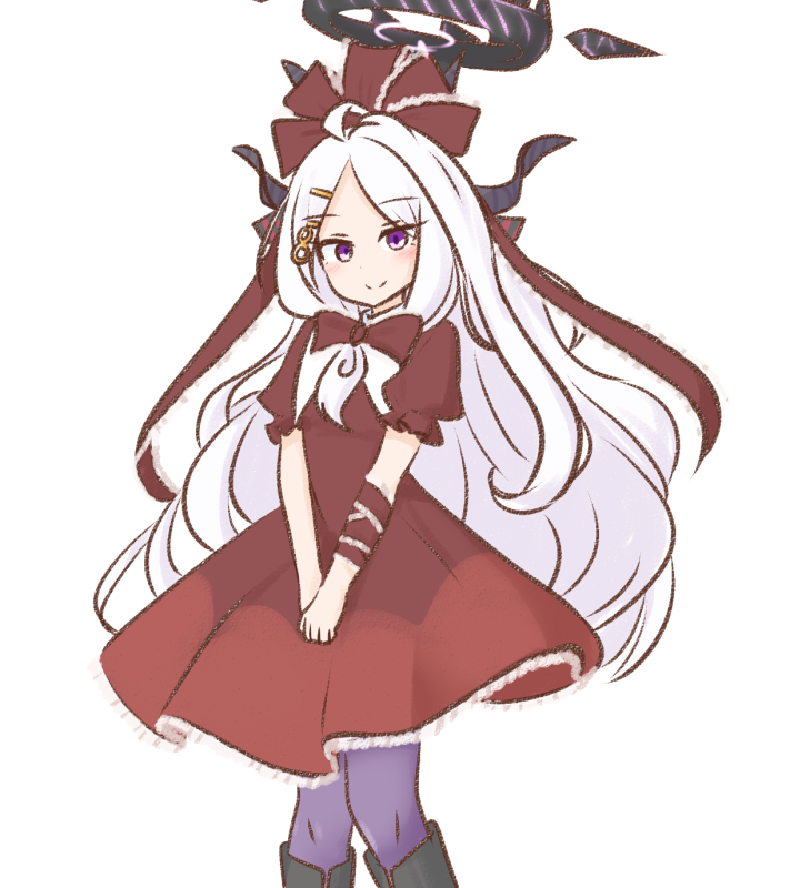 mizusoba, hina (blue archive), kagiyama hina, touhou, alternate costume, alternate hairstyle, arm ribbon, bow, cosplay, demon horns, dress, front ponytail, horns, kagiyama hina (cosplay), looking at viewer, purple eyes, red bow, red dress, red ribbon, ribbon, smile, white background, white hair