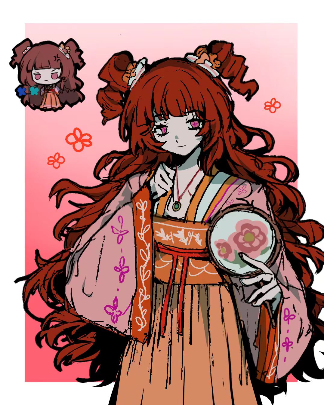 xue baochai (project moon), limbus company, project moon, highres, 1girl, border, brown hair, chibi, chibi inset, chinese clothes, drill hair, flower, hair flower, hair ornament, hand fan, hanfu, jade pendant, jewelry, long hair, looking at viewer, necklace, orange flower, orange hanfu, pink background, pink eyes, pink hanfu, qixiong ruqun, red sash, sash, simple background, smile, solo, standing, twin drills, upper body, wanshenggaoshi, white border
