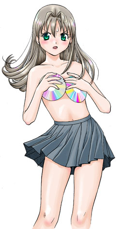sanri ryouko, sanri youko, lowres, 1girl, cd, cdrom, female focus, holding cd, skirt, solo, topless female