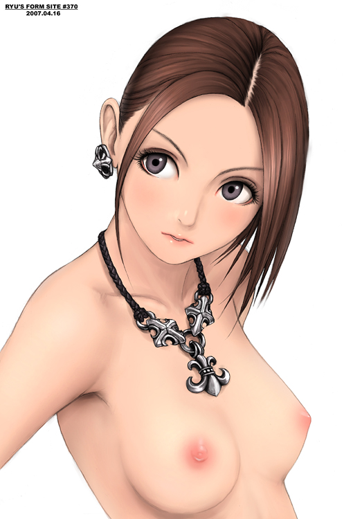 ryu (ryu's form site), original, 1girl, armpits, blush, breasts, earrings, female focus, goth fashion, jewelry, necklace, nipples, nude, solo, topless frame, upper body