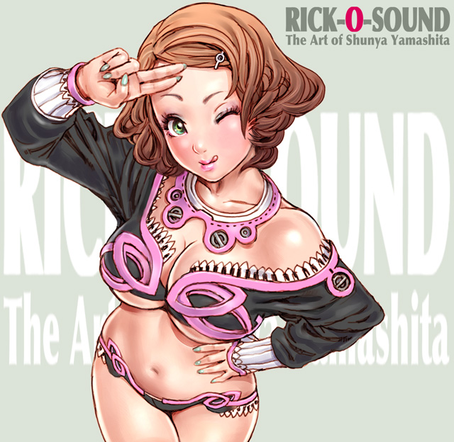 yamashita shun'ya, original, 1girl, :q, ;q, blush, breasts, brown hair, choker, cleavage, crop top, curly hair, female focus, fingernails, green eyes, green nails, hair ornament, hairclip, hand on own hip, hip focus, large breasts, lipstick, long fingernails, makeup, midriff, nail (hardware), nail polish, navel, no bra, off shoulder, one eye closed, panties, salute, short hair, smile, solo, tongue, tongue out, underboob, underwear, wink