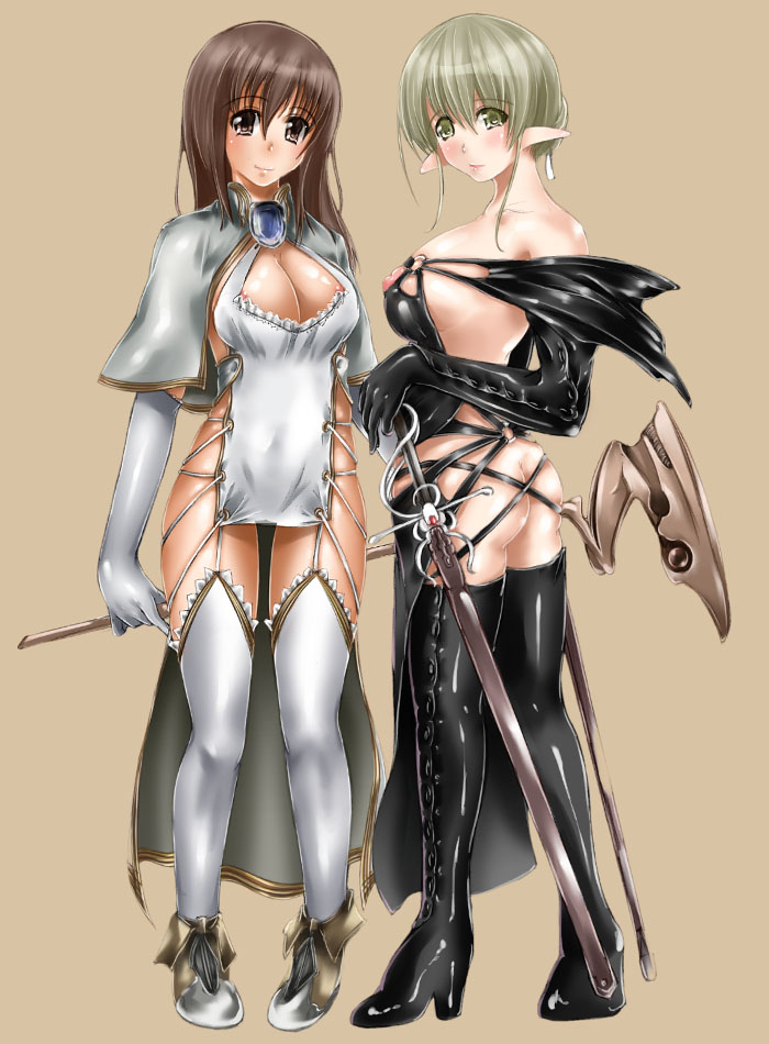 abubu, original, 2girls, ass, breasts, elbow gloves, fantasy, gloves, large breasts, leather, multiple girls, nipples, pointy ears, thighhighs