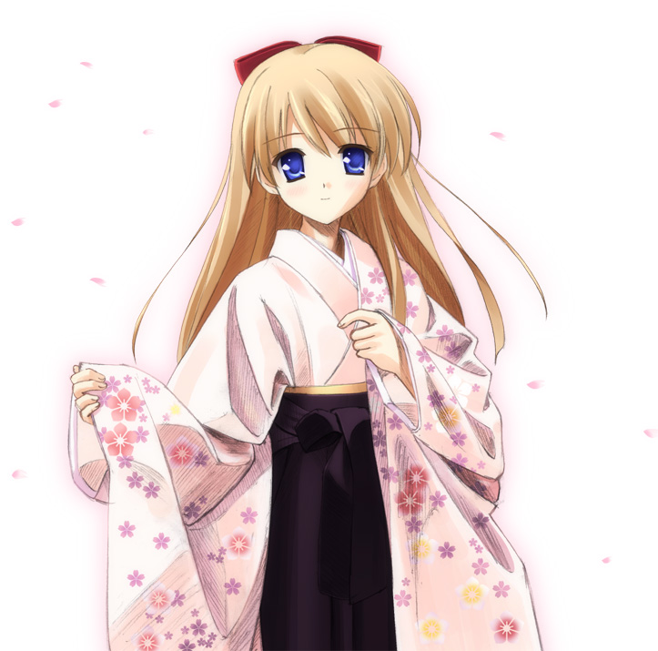 orino yushi, original, 1girl, blonde hair, blue eyes, cherry blossoms, female focus, floral print, furisode, hakama, hakama skirt, japanese clothes, kimono, long hair, long sleeves, looking at viewer, meiji schoolgirl uniform, petals, ribbon, skirt, solo, wide sleeves, wind, yukata
