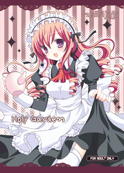 shirogane hina, original, 1girl, :d, apron, ascot, black dress, blush, border, cowboy shot, dress, drill hair, female focus, frilled apron, frills, garter straps, hairband, halftone, halftone background, holding, juliet sleeves, lace, lace border, lolita hairband, long hair, long sleeves, looking at viewer, maid, maid apron, open mouth, ornate border, pink hair, puffy sleeves, purple eyes, skirt hold, sleeves rolled up, smile, solo, sparkle, striped background, teapot, thighhighs, vertical stripes, white thighhighs