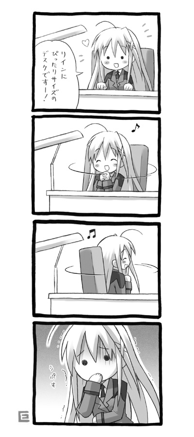 eretto, reinforce zwei, lyrical nanoha, mahou shoujo lyrical nanoha, mahou shoujo lyrical nanoha strikers, 00s, 1girl, 4koma, ahoge, chibi, comic, greyscale, heart, military, military uniform, monochrome, musical note, quaver, spinning