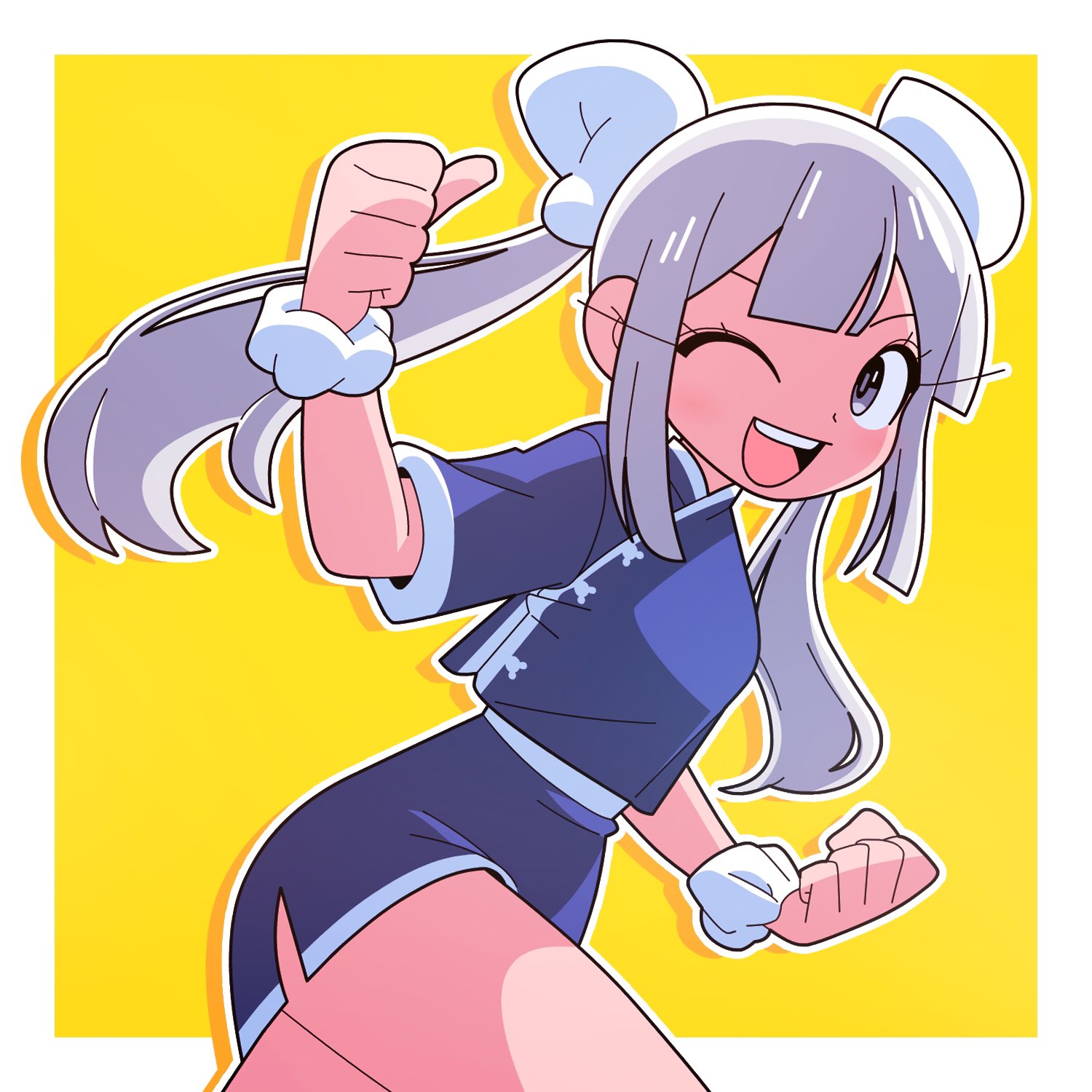 katsuhito omiya, original, hashtag-only commentary, highres, 1girl, :d, blue shirt, blue skirt, border, chinese clothes, clenched hands, eyelashes, grey hair, looking at viewer, mandarin collar, one eye closed, open mouth, outline, outside border, purple eyes, scrunchie, shirt, short sleeves, skirt, smile, solo, teeth, twintails, upper teeth only, white border, white outline, white scrunchie, wrist scrunchie, yellow background