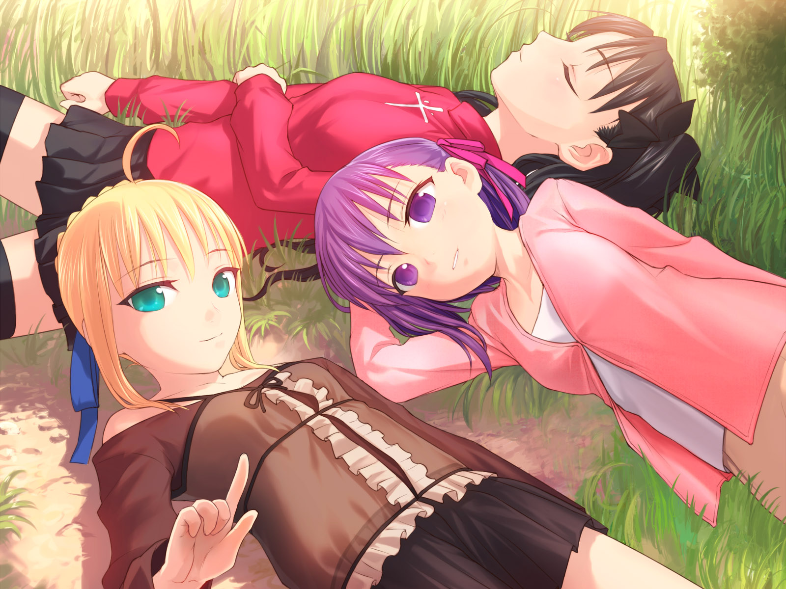 uni (plastic girl), artoria pendragon (fate), matou sakura, saber (fate), tohsaka rin, fate/stay night, fate (series), light purple hair, highres, 00s, 3girls, aqua eyes, bare shoulders, black hair, blonde hair, camisole, cardigan, closed eyes, collarbone, grass, hair ribbon, hand on own stomach, index finger raised, looking at viewer, lying, multiple girls, official alternate costume, one side up, outdoors, pleated skirt, purple eyes, ribbon, skirt, smile, thighhighs, turtleneck, zettai ryouiki