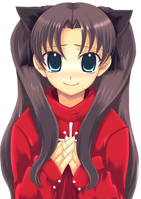 sakurai unan, tohsaka rin, fate/stay night, fate (series), 00s, 1girl, black ribbon, blue eyes, closed mouth, female focus, hair ribbon, hands on own chest, long sleeves, looking at viewer, own hands together, parted bangs, ribbon, sidelocks, smile, solo, sweater, turtleneck, twintails