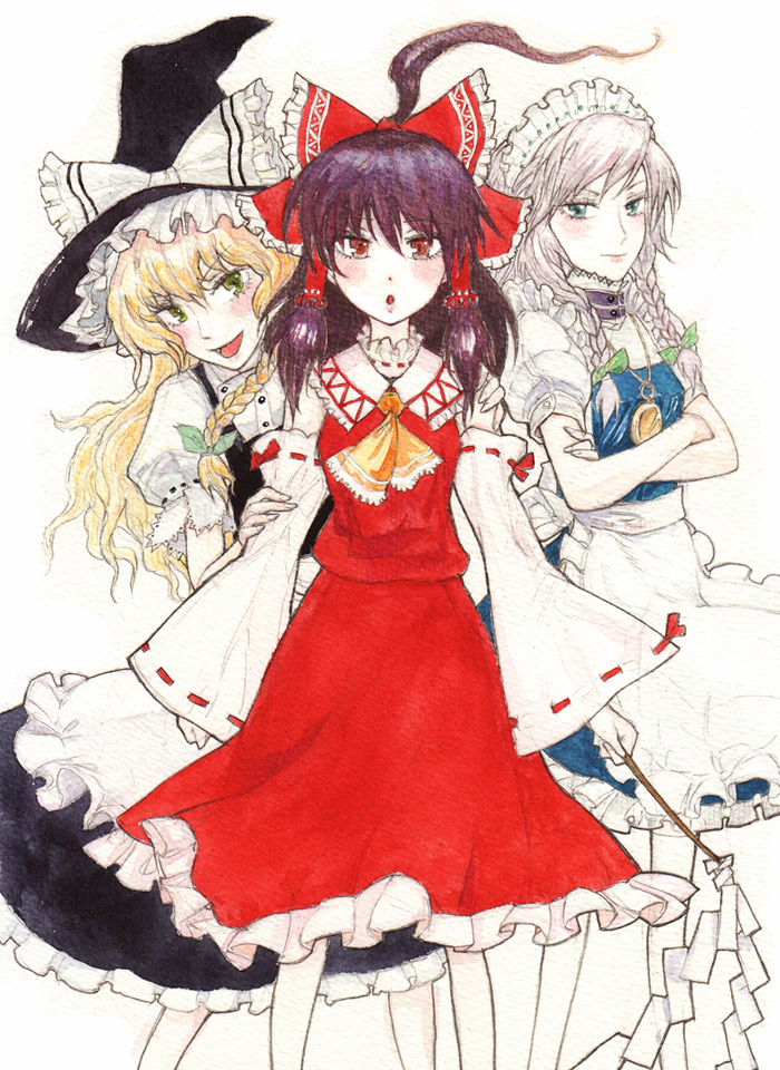 chihiro (kemonomichi), hakurei reimu, izayoi sakuya, kirisame marisa, touhou, painting (medium), traditional media, watercolor (medium), 3girls, apron, blonde hair, blush, bow, braid, brown hair, crossed arms, detached sleeves, female focus, gohei, hair bow, hat, long hair, looking at viewer, maid, maid apron, maid headdress, medallion, multiple girls, open mouth, side braid, sidelocks, simple background, skirt, standing, twin braids, witch hat