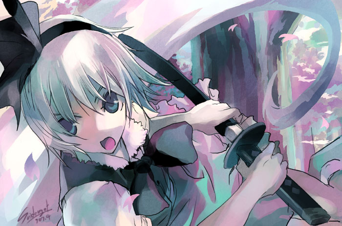 mizuta kenji, konpaku youmu, konpaku youmu (ghost), touhou, 1girl, black bow, black bowtie, bob cut, bowtie, collared shirt, female focus, hitodama, katana, open mouth, sheath, sheathed, shirt, solo, sword, unsheathing, v-shaped eyebrows, weapon