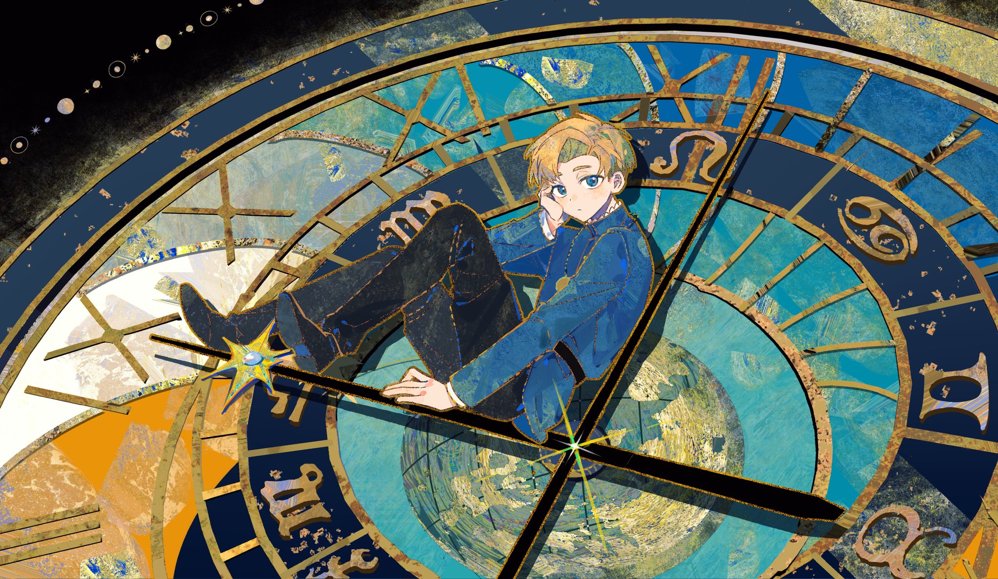 serien, rafal (chi.), chi.: chikyuu no undou ni tsuite, highres, 1boy, astronomical clock, astronomical symbol, blonde hair, blue eyes, full body, looking at viewer, orbital path, sitting, solo, zodiac wheel