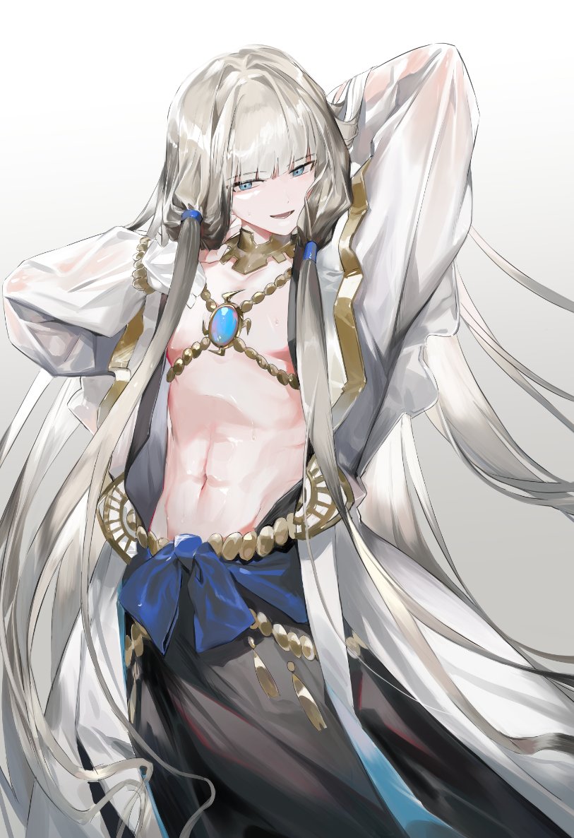 tzar game, noah (fate), fate/grand order, fate/grand order arcade, fate (series), 1boy, androgynous, gold choker, gold trim, jewelry, long sidelocks, low-tied sidelocks, neck ring, open clothes, open robe, robe, sidelocks, simple background, solo, very long sidelocks, white robe