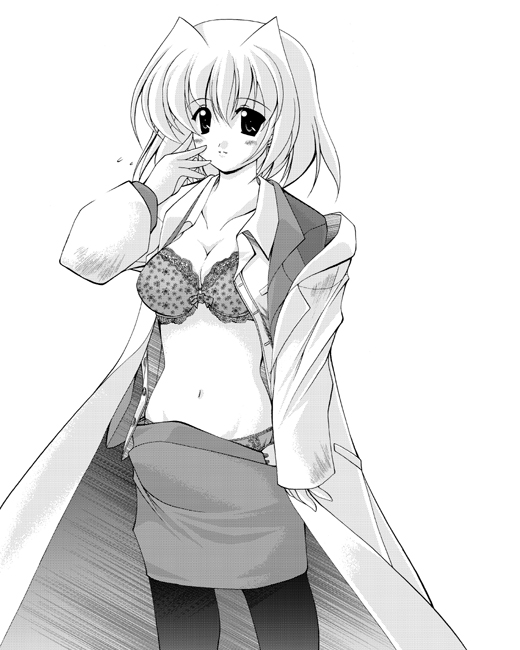 koide yutaka, shamal, lyrical nanoha, mahou shoujo lyrical nanoha, mahou shoujo lyrical nanoha a's, 00s, 1girl, bra, female focus, greyscale, lingerie, monochrome, open clothes, open shirt, panties, shirt, solo, thighhighs, underwear, undressing