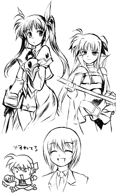 g-tetsu, bardiche (nanoha), fate testarossa, mach caliber, revolver knuckle, subaru nakajima, takamachi nanoha, yagami hayate, lyrical nanoha, mahou shoujo lyrical nanoha, mahou shoujo lyrical nanoha strikers, 00s, 4girls, chibi, fingerless gloves, gauntlets, gloves, greyscale, hair ornament, headband, magical girl, military, military uniform, monochrome, multiple girls, single gauntlet, twintails, waist cape, x hair ornament