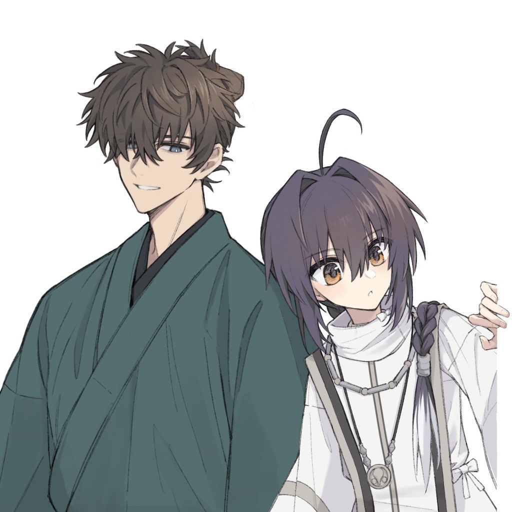 hoshizukiyo (enneanuage), miyamoto iori (fate), yamato takeru (fate), fate/samurai remnant, fate (series), 1boy, 1other, ahoge, amulet, androgynous, black hair, braid, green kimono, hair over one eye, hair over shoulder, japanese clothes, jewelry, kimono, long hair, looking at another, necklace, orange eyes, other with male, sidelocks, simple background, single braid, smile, topknot