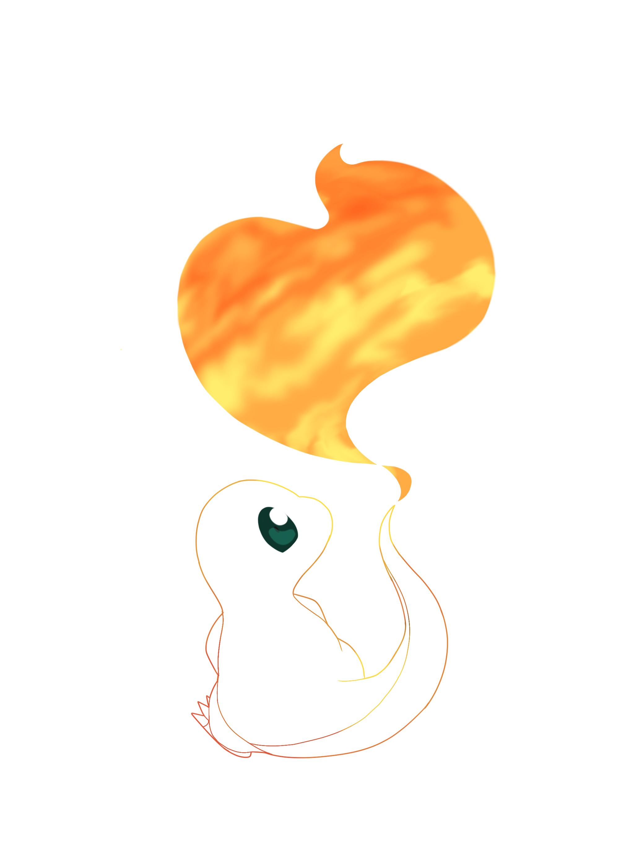 shato, charmander, nintendo, pokemon, absurdres, highres, claws, fire, flame-tipped tail, full body, gen 1 pokemon, green eyes, no humans, partially colored, pokemon (creature), simple background, solo, tail, white background
