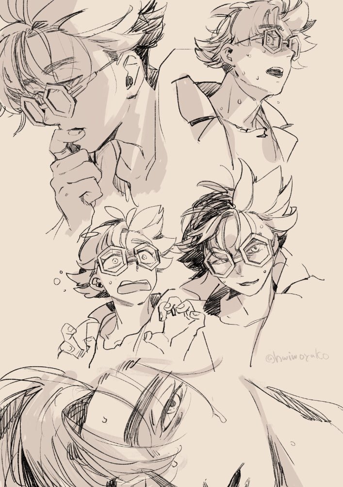 hwiwoyako, jacq (pokemon), nintendo, pokemon, pokemon sv, commentary request, 1boy, adam's apple, arm up, coat, fingernails, glasses, greyscale, hand to own mouth, lapels, looking at viewer, male focus, monochrome, multicolored hair, multiple views, no eyewear, notched lapels, open clothes, open coat, shirt, short hair, smile, sweat, teeth, two-tone hair, uneven eyes, upper teeth only