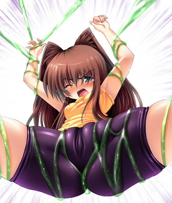 ichijou hitoshi, kousaka tamaki, to heart (series), to heart 2, slime, 00s, 1girl, angry, bdsm, bike shorts, blush, bondage, bound, brown hair, cameltoe, fat mons, female focus, long hair, open mouth, solo, spandex, spread legs, suspension, tears, tentacles, white background
