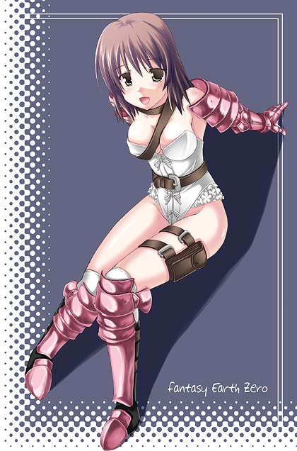 yonekura kihiro, fantasy earth zero, 1girl, armor, between breasts, breasts, brown hair, cleavage, female focus, full body, gauntlets, shinguard, short hair, solo, thigh strap, warrior, yellow eyes