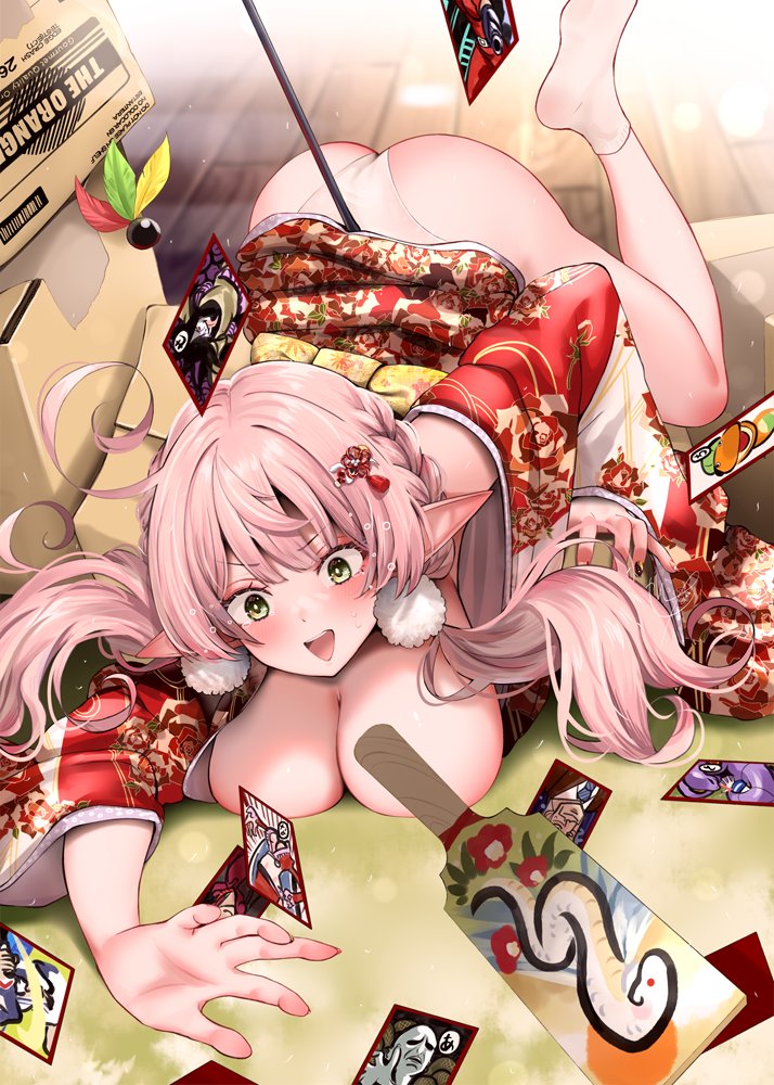 narushima kanna, original, commentary request, 1girl, blush, braid, breasts, cardboard, cleavage, green eyes, hagoita, hair ornament, hane (hanetsuki), indoors, japanese clothes, karuta (card game), kimono, large breasts, long hair, long sleeves, looking at viewer, open mouth, paddle, panties, pink hair, pointy ears, red kimono, socks, solo, sweat, teeth, underwear, upper teeth only, white panties, white socks, wide sleeves