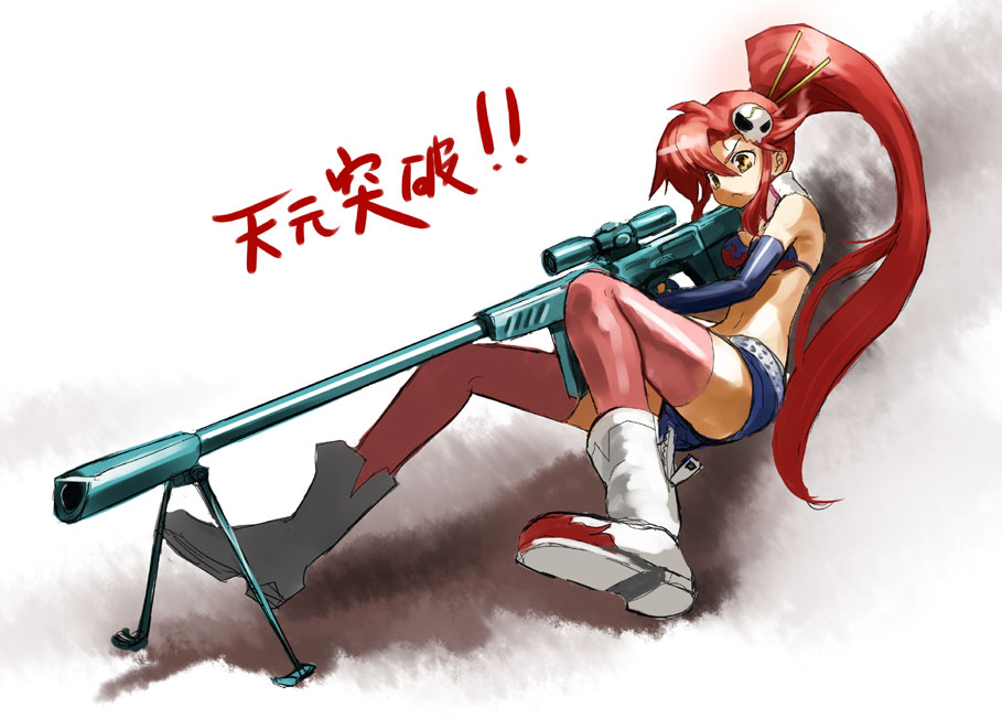 adachi yousuke, yoko littner, tengen toppa gurren lagann, 00s, 1girl, anti-materiel rifle, boots, chopsticks, elbow gloves, female focus, gloves, gun, hair ornament, hairclip, ponytail, red hair, rifle, short shorts, shorts, skull, skull hair ornament, sniper rifle, solo, thighhighs, weapon