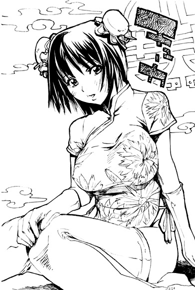 takenoko hoshihito, takenoko seijin, original, 1girl, breasts, china dress, chinese clothes, dress, female focus, greyscale, large breasts, monochrome, solo