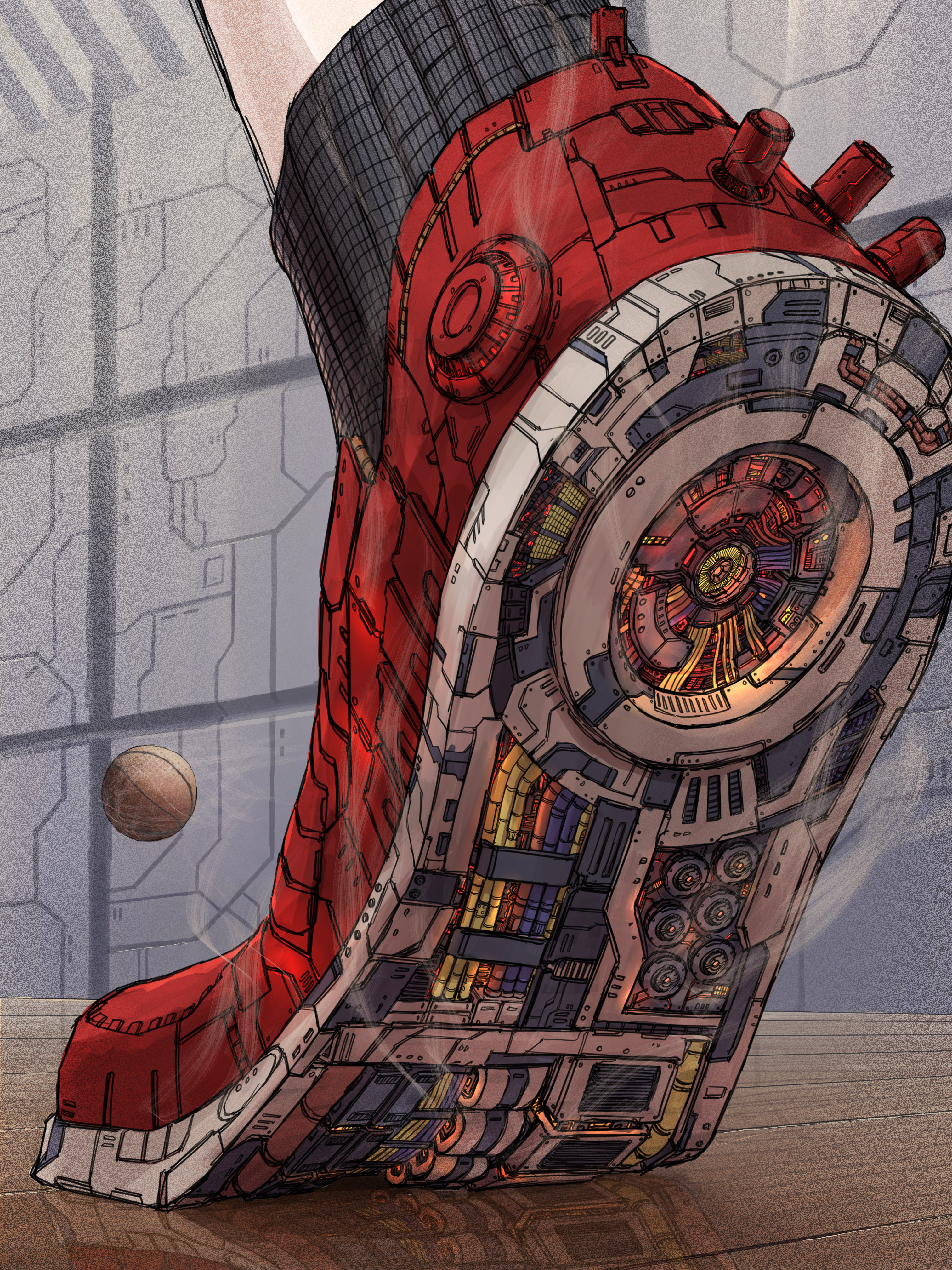 original, absurdres, commentary request, highres, 1other, ball, basketball (object), cable, kamikairo, machinery, mechanical shoes, red shoes, reflective floor, shoes, solo, steam, tiptoes, vent (object), wooden floor