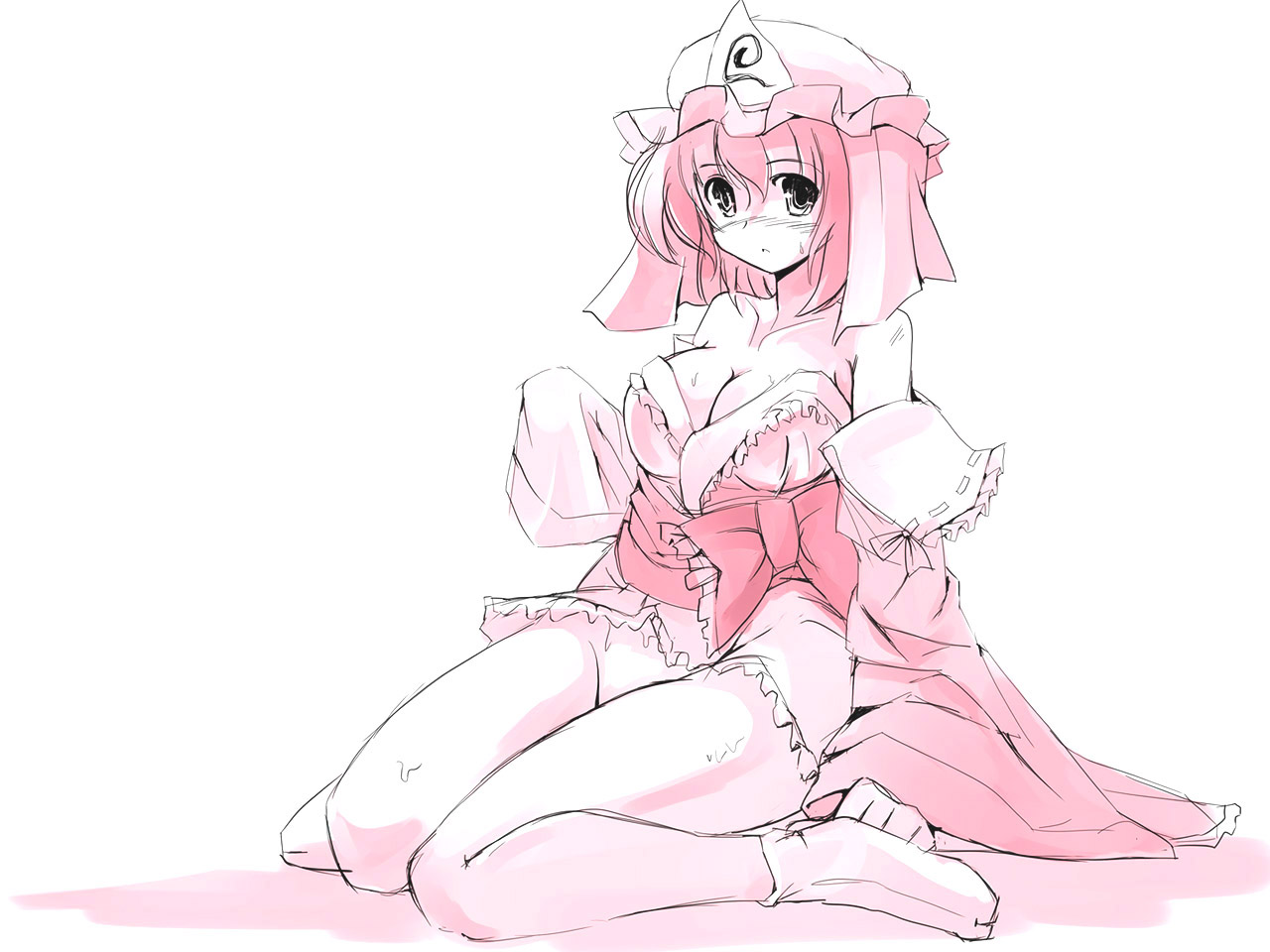 seo tatsuya, saigyouji yuyuko, touhou, 1girl, bare shoulders, breasts, cleavage, female focus, full body, hat, monochrome, no panties, solo, sweat, white background