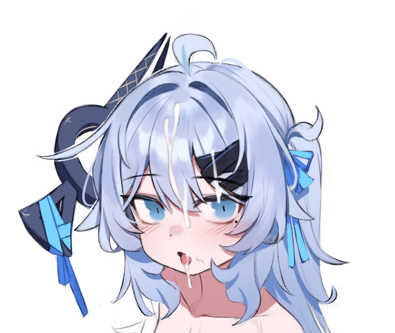 di le to, original, 1girl, ahoge, blue eyes, blue hair, blue ribbon, cum, cum in mouth, cum on body, cum on hair, cum on tongue, facial, hair ribbon, long hair, mole, mole under eye, open mouth, portrait, ribbon, simple background, solo, tongue, tongue out, white background