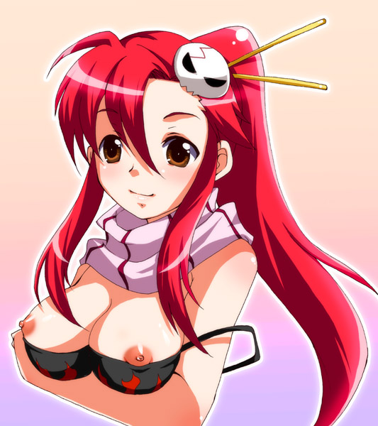 mai (artist), mai (maittingu), yoko littner, tengen toppa gurren lagann, 00s, 1girl, bra, breasts, chopsticks, female focus, hair ornament, hairclip, large breasts, lingerie, nipples, ponytail, red hair, scarf, skull, skull hair ornament, solo, striped clothes, striped scarf, underwear