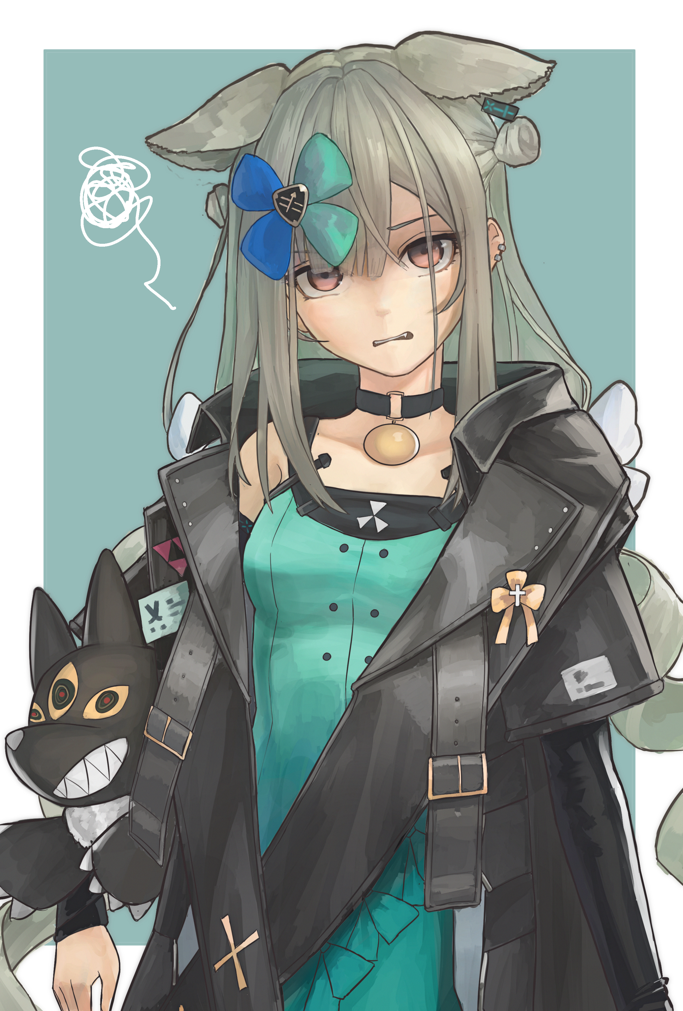 paina (xc428), infection monitor (arknights), arknights, absurdres, chinese commentary, commentary, highres, 1girl, animal ear piercing, animal ears, black choker, black jacket, border, breasts, cat ears, cat girl, choker, doll, dress, drill hair, ear piercing, green background, green dress, hair over one eye, hair ribbon, head tilt, holding, holding doll, jacket, light frown, long hair, looking at viewer, medium breasts, morpheus (arknights), open clothes, open jacket, orange eyes, outside border, piercing, ribbon, solo, squiggle, straight-on, swept bangs, tsurime, twin drills, upper body, upturned eyes, wavy mouth, white border