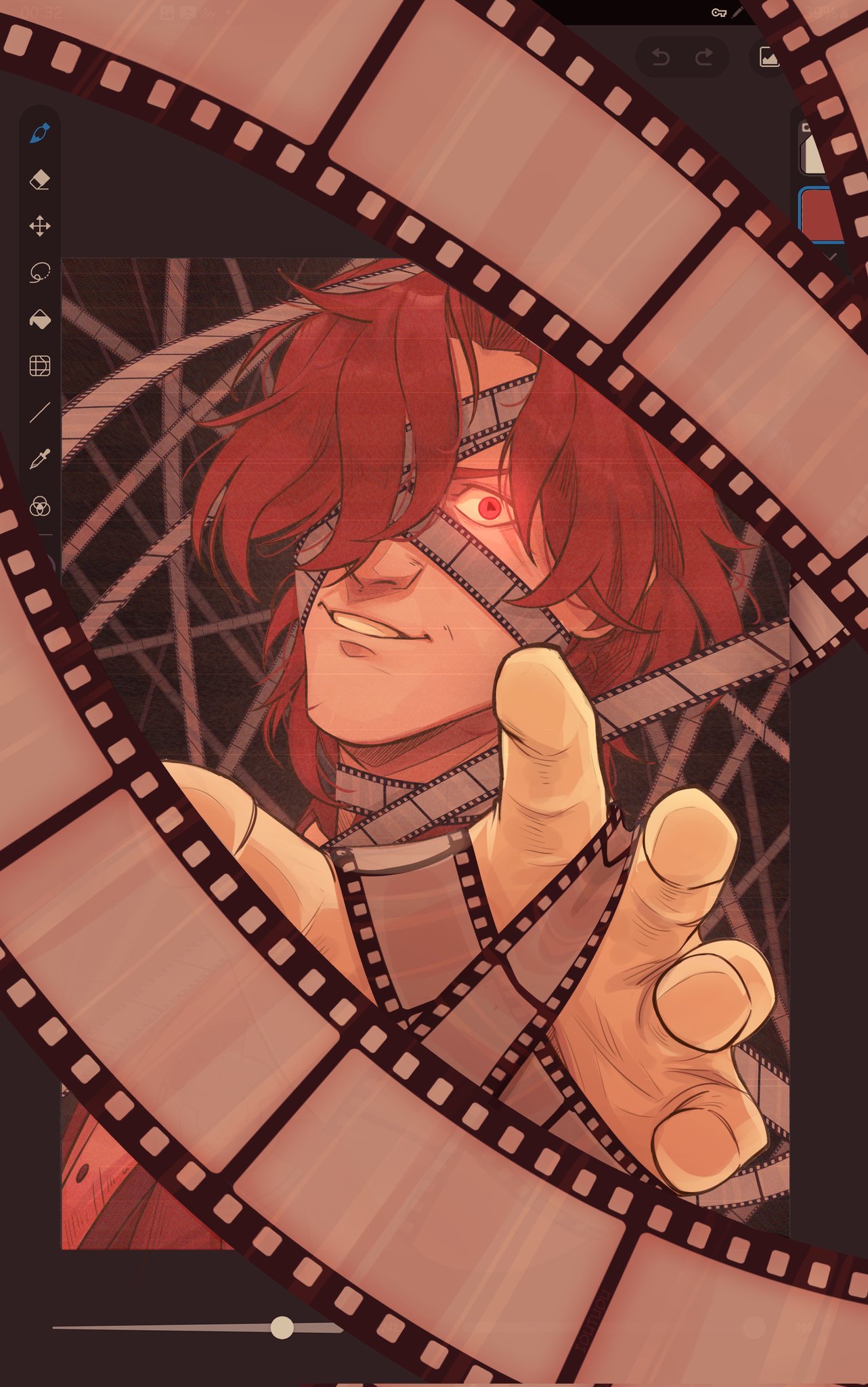 idutudu, mr. reca (honkai: star rail), honkai: star rail, honkai (series), highres, 1boy, art program in frame, bandaged head, bandages, crazy eyes, curtained hair, film reel, fourth wall, glowing, glowing eye, grin, hair over one eye, looking at viewer, male focus, reaching, reaching towards viewer, red hair, smile, solo, upper body