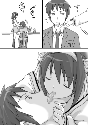 hayato, kyon, suzumiya haruhi, suzumiya haruhi no yuuutsu, lowres, 00s, 1boy, 1girl, comic, greyscale, monochrome, shared food, silent comic