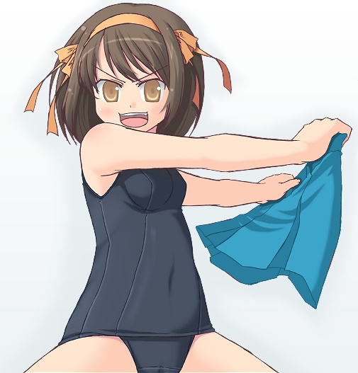 amamiya minato, suzumiya haruhi, suzumiya haruhi no yuuutsu, 00s, brown hair, one-piece swimsuit, school swimsuit, short hair, solo, swimsuit