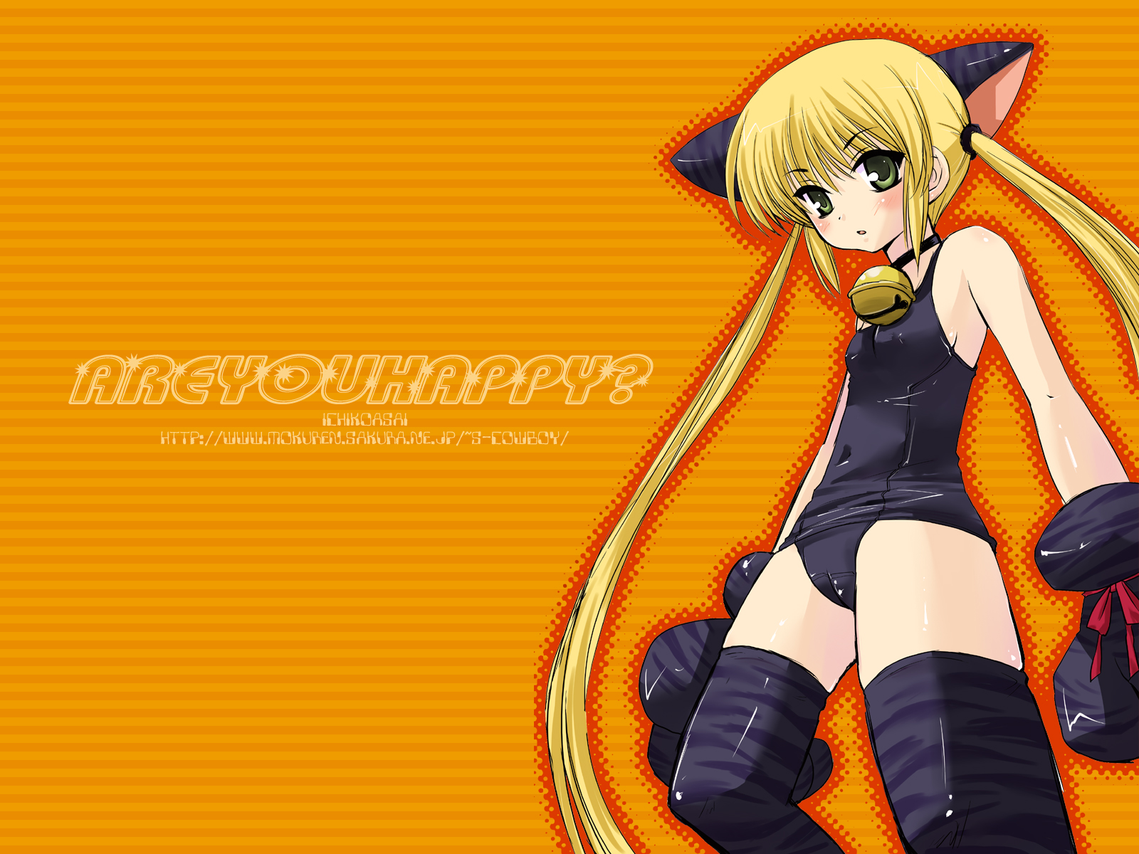 asai ichiko, sanzen'in nagi, hayate no gotoku!, highres, 00s, 1girl, :o, animal ears, animal hands, bell, blonde hair, cat ears, female focus, gloves, green eyes, kittysuit, nontraditional playboy bunny, one-piece swimsuit, parted lips, paw gloves, school swimsuit, solo, swimsuit, thighhighs, twintails